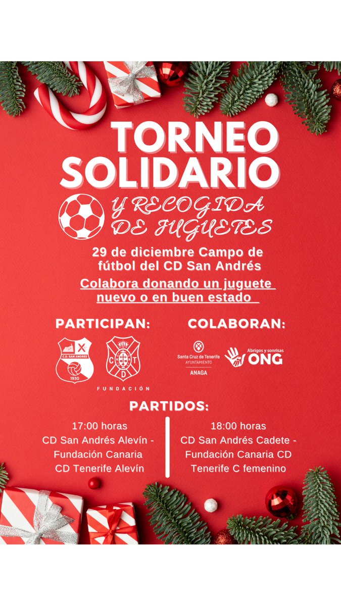 cdsanandres's tweet photo. Hoy es el día en que puedes regalarle una sonrisa a un niñ@ el día de Reyes. A ti te va a costar muy poco y, a cambio, vas a hacer muy feliz a un niñ@. 
Acude a partir de las 17:00 horas al campo de fútbol del @cdsanandres y dona un juguete nuevo o en buen estado... https://t.co/xwArNPspj1