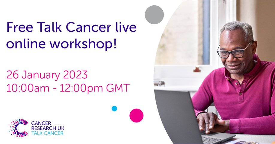 Feel confident talking about cancer with the free Talk Cancer online workshop on 4 April!
You will learn how to:
• reduce #cancer risk 
• understand the need of #earlydiagnosis 
• breakdown #cancermyths 
• understand #healthinequalities 
Sign up: bit.ly/3PrnXyz