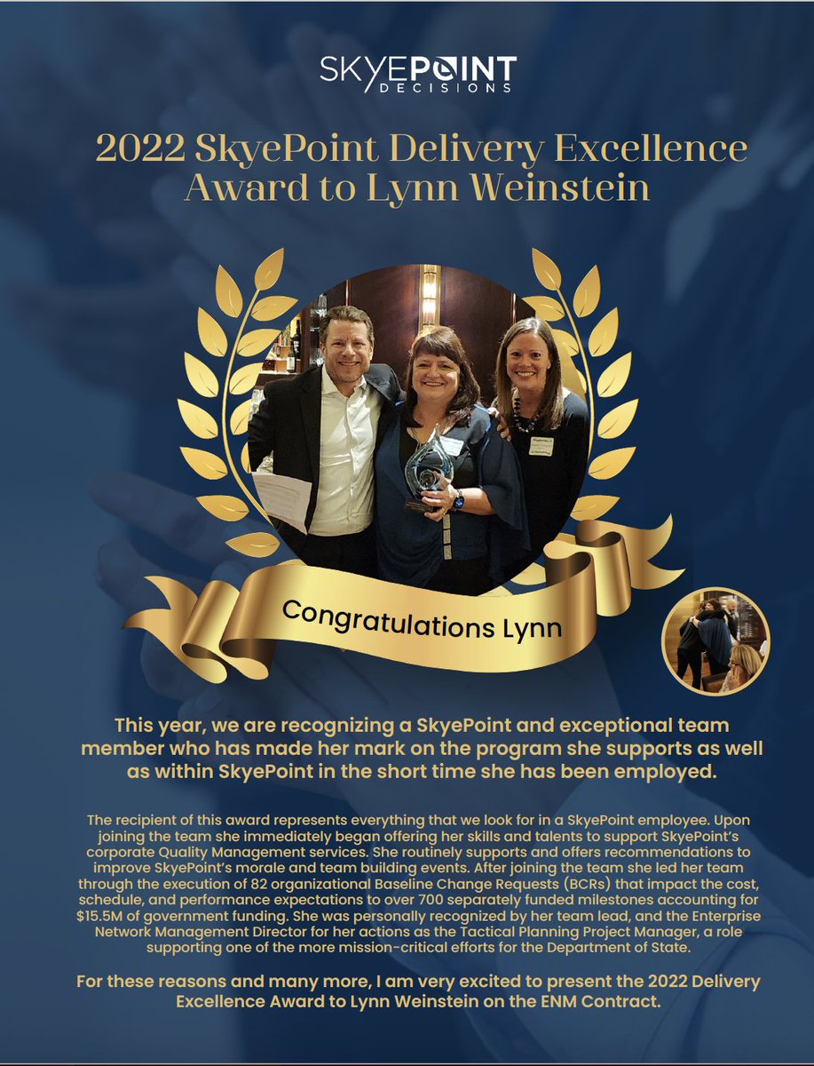 This year, #SkyePoint is recognizing an exceptional team member who has made her mark on the program she supports. Congrats to Lynn W. for earning this year’s Delivery Excellence Award on the ENM Contract.

#TeamSkyePoint #SkyePointAnnualAwards #Excellence