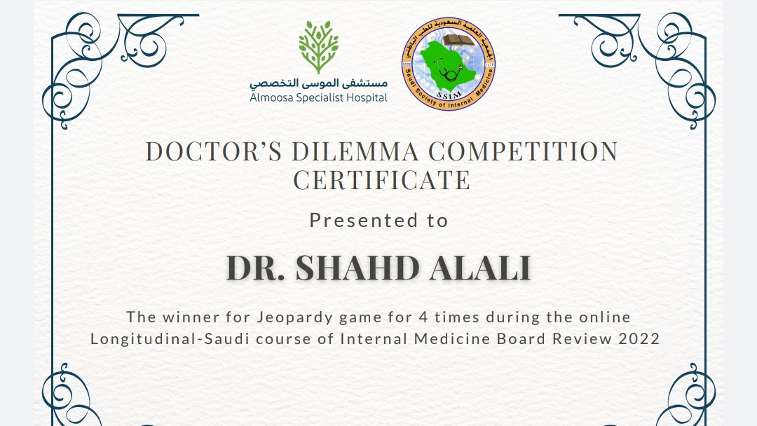 BsgimB's tweet photo. @almoosahospital @AcademicAlmoosa @SSIM_KAU Congratulations to Dr. Shahd. #Proud of her
Congratulations #BDF_hospital for Dr. Shahd's Awards!
Come and join your peers for DOCTOR’S #DILEMMA #COMPETITION in 2023 for our Internal Medicine course.
#jeopardy
Don't miss our #end of year #endofyearsale #discount 
1200 Rs discount https://t.co/cOk5gwHqGT