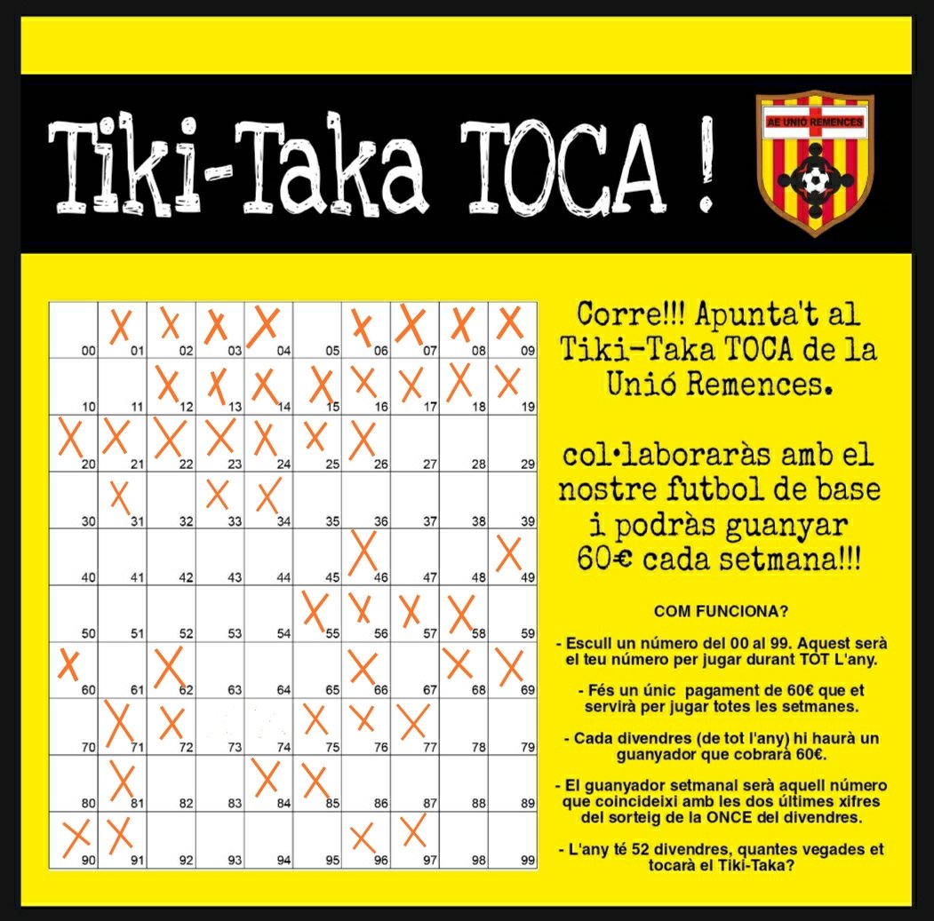 Amb l’arribada del nou any encetem un “joc” dins la Unió Remences; 

Arriba el *TIKI TAKA TOCA!!* 

Reserva el teu número trucant al 649382198 (Joan "Cisteller")

Corre, que queden pocs números i comencem el primer divendres de 2023!!