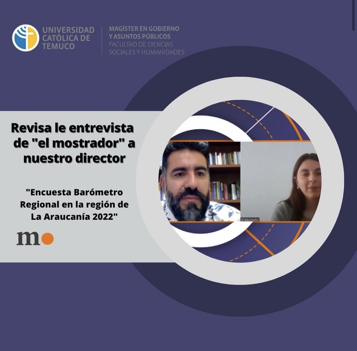 Entrevista realizada al 👨🏻‍🏫 Dr. <a href="/moyadiaz1980/">Emilio Moya Díaz</a> Director del Magister en Gobierno y Asuntos Públicos UCT.
📌Encuesta Barómetro Regional de La Araucanía 2022, junto con el <a href="/cppUCTemuco/">Centro de Políticas Públicas UC Temuco</a> 
Link👇🏻
acortar.link/ZhZaIf