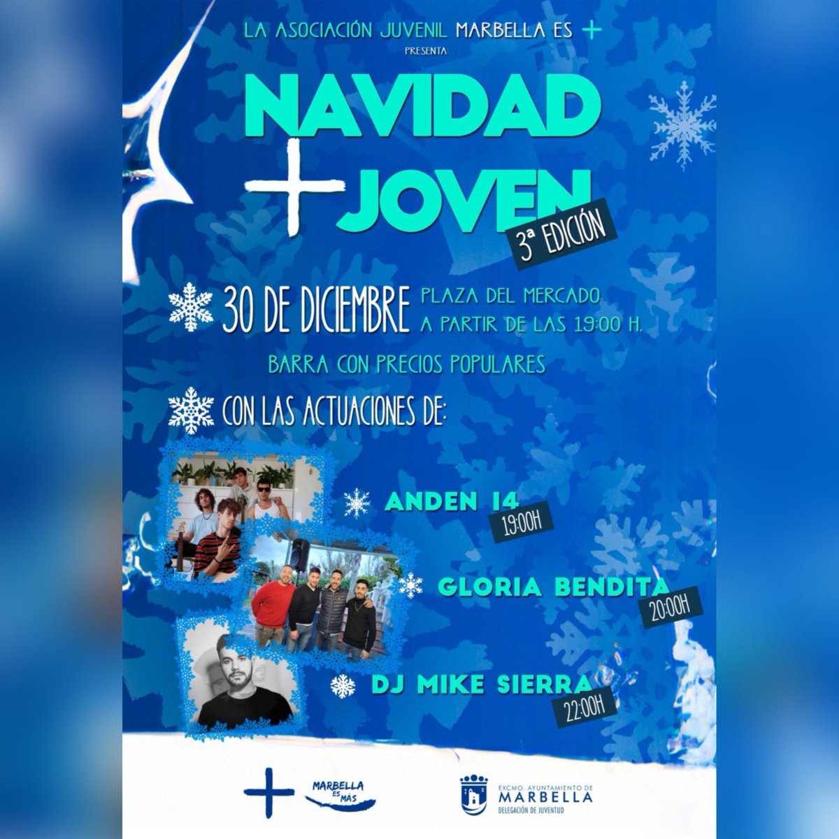 💙🎄 Nos vemos mañana en la plaza del Mercado Municipal será el escenario el próximo 30 de diciembre de la 3ª fiesta ‘Navidad + Joven’ que organizamos desde <a href="/marbellaesmas/">Marbella es más</a>