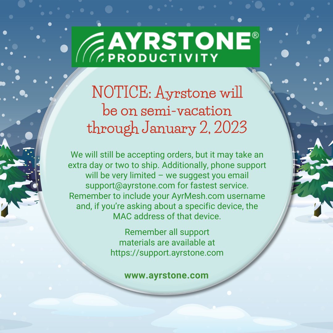 Ayrstone's tweet photo. ** NOTICE: Ayrstone will be on semi-vacation through January 2, 2023
AyrMesh® System of Wireless Farm Networking: Easy Set-up, Do it Yourself - High-Power, Long-Range Meshing WiFi for Large Properties https://t.co/Iw4kPkkev7
#FarmWiFi #Farming #FarmandRanch #AgTech #AgTwitter https://t.co/Pzwx2cdPo8