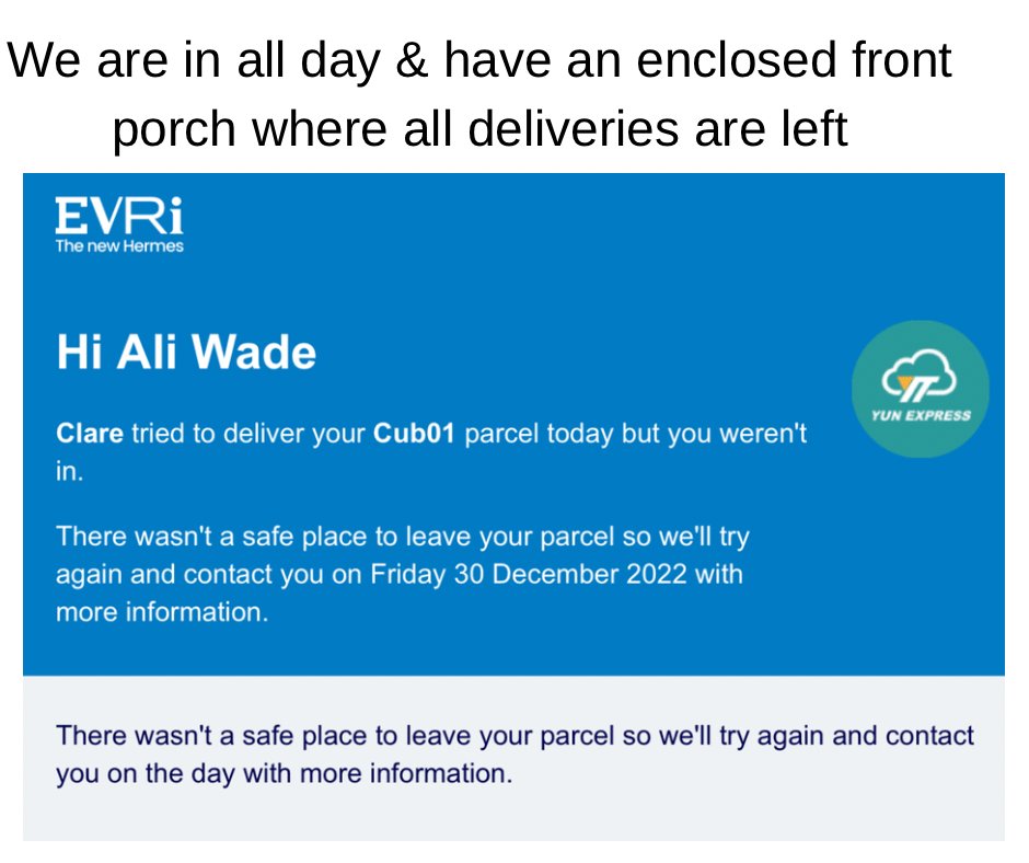AlisonWade1's tweet photo. This happens far too often.  Obviously, Clare our local Evri courier, decides on some days that she doesn't want to drive out to our farm.  Deliveries are left in our safe place - she has never needed to see us before - and we are both in the house anyway.  Not good enough #Evri https://t.co/cDzLErMxLB