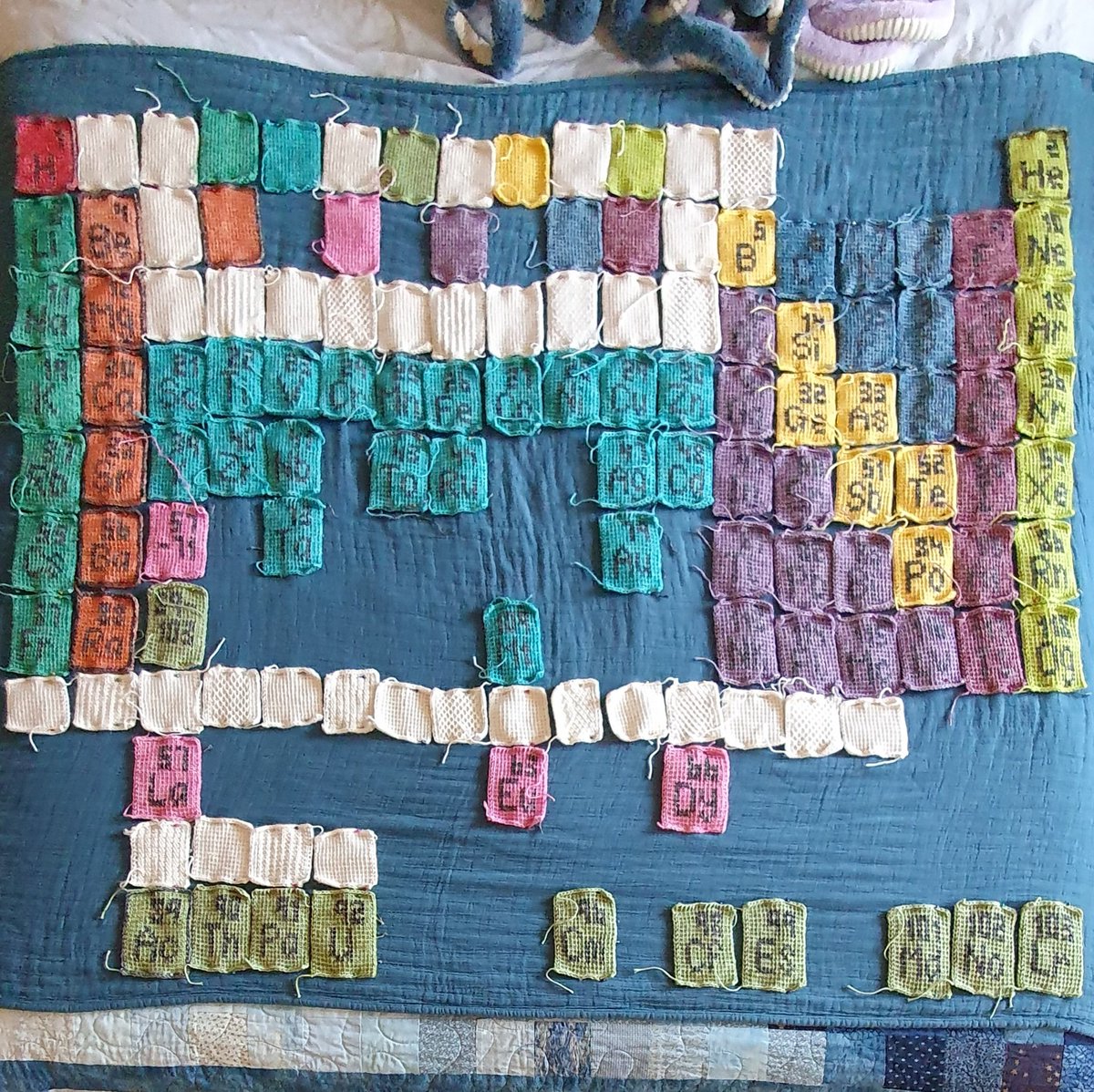 WoolyScientist's tweet photo. Progress on my Crochet Periodic Blanket Of The Elements!

I've pinned the blocks on a large blanket to see how they all look together. 

I love how colourful it is. The different colours represents different chemical groupings of the Elements. 

#SciArt #SciComm #Crochet https://t.co/Bwcn4GEycr