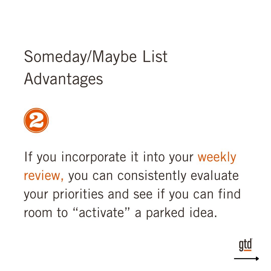 gtdfocus's tweet image. Why should you use the Someday/Maybe list to further your goals? Here are a few reasons why. #nextactions #gettingthingsdone #goals #organize #listmanagement 🗒️ 🏆