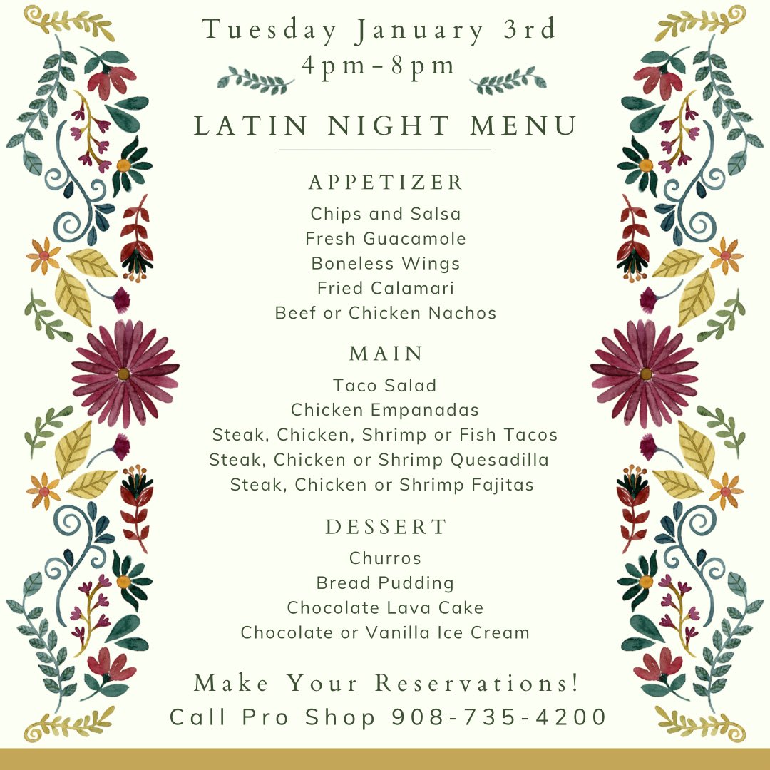 Get ready for our Pop-Up Events happening throughout the Winter Season at Beaver Brook Country Club! Join us in the New Year at the Lounge and Main Bar for our Latin Menu on January 3rd, Seatings from 4pm - 8pm. 
beaverbrookcc.com/special-events/ or Call the Pro Shop at 908-735-4200