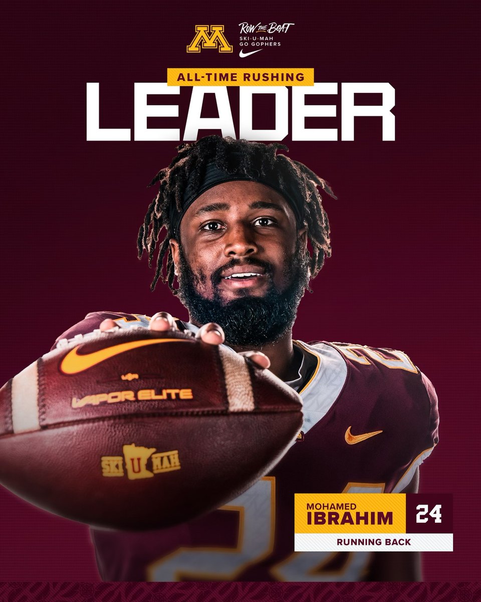 GopherFootball's tweet photo. On the last drive, @_MoIbrahim became the #Gophers all time rushing leader. 

🐐 https://t.co/pN9ZlhXU9G