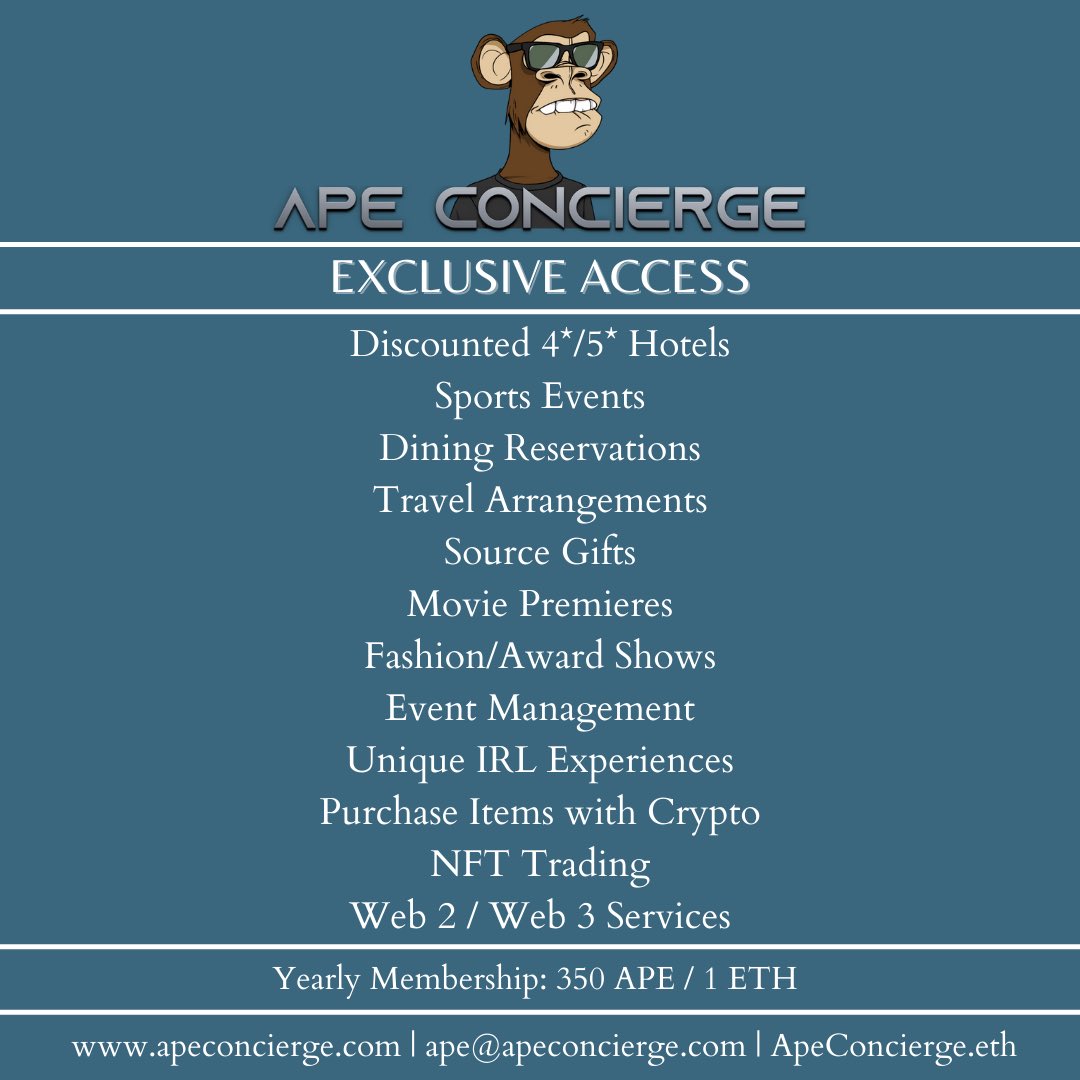 Welcome to Ape Concierge. Global luxury concierge and lifestyle management service for the Web 3 world. apeconcierge.com - DM for further information. #BAYC #MAYC #BAKC #Punks