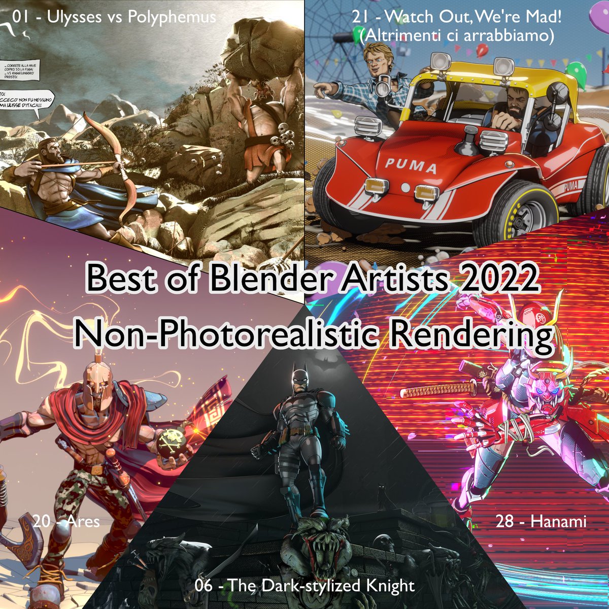 MauroFanti's tweet photo. Best of Blender Artists 2022
https://t.co/dZIWNzOXJD
Supporte me 😎

Non-photorealistic rendering with 5 works:
1 – Ulysses vs Polyphemus;
6 – The Dark-stylized-Knight;
20 – Ares;
21 – “Watch out, we're mad!” (Altrimenti ci arrabbiamo);
28 – Hanami, the cyberpunk ronin https://t.co/UDl1OlgNi6
