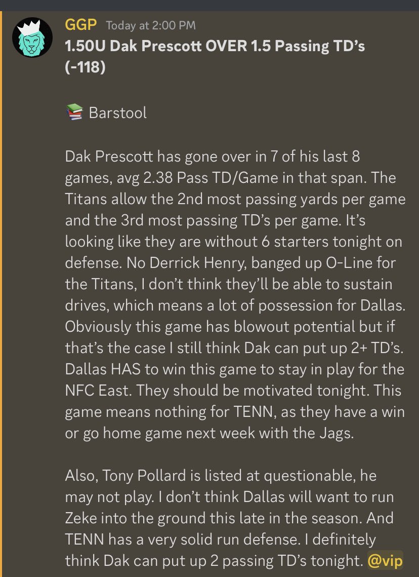 GamblingG0D's tweet image. 1.50U Dak Prescott OVER 1.5 Passing Touchdowns (-118) 💫

Write up is below. Really like this spot for Dak to toss 2+ TD’s. Dallas has to win this game to stay alive in the NFC East, so I expect their foot on the gas for at least the majority of the time. Let’s cash! 💰✊⬇️