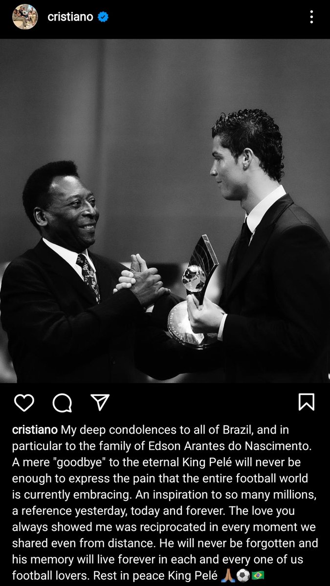TimelineCR7's tweet photo. Cristiano Ronaldo pays his respect to Pele on Instagram 🕊❤️ https://t.co/GSOoWeCqRA