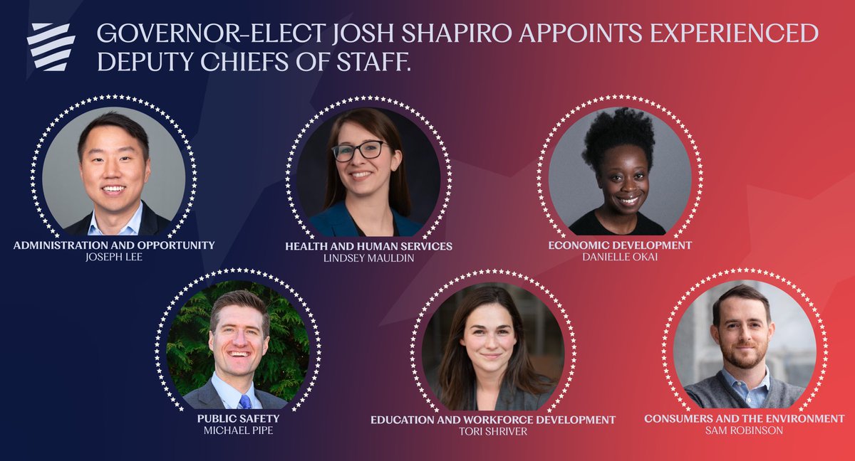 Joseph, Lindsey, Danielle, Michael, Sam, and Tori are accomplished individuals and I’m proud they’re joining my team as Deputy Chiefs of Staff.

I’m confident they’ll bring people together and represent our entire Commonwealth. They’ll be ready on Day One.