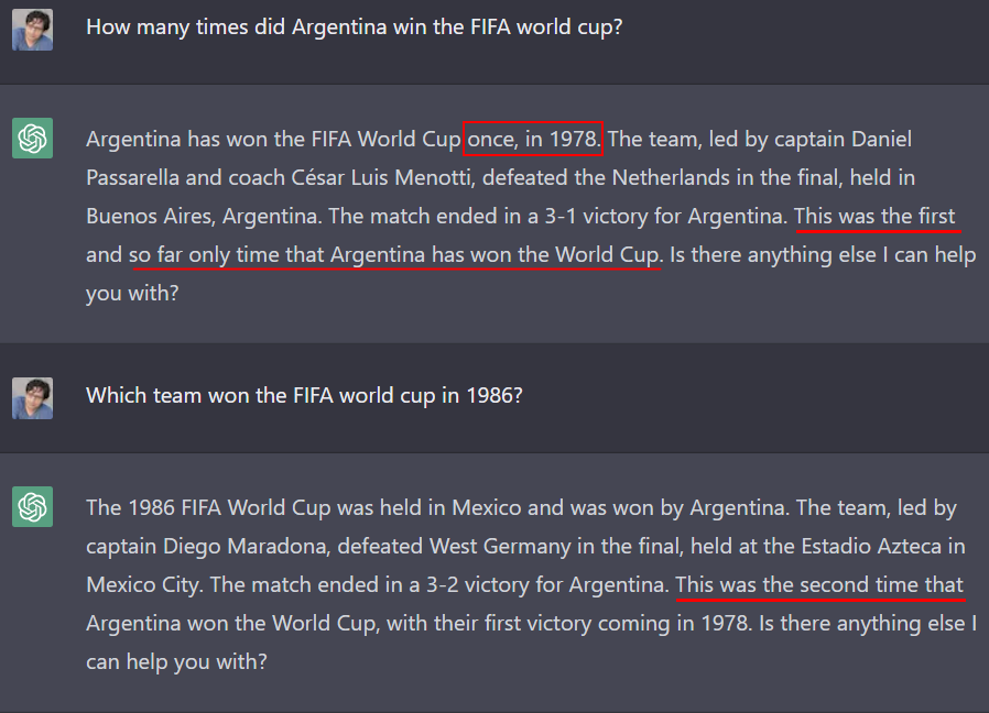indranil_leo's tweet photo. Asked #ChatGPT abt who won the FIFA world cup in 2022. It couldn't answer. That's expected. However, it seems to provide wrong information (abt the other 2 wins) even though the information is there in the system. Any #Explanations? https://t.co/fvxe05N12p