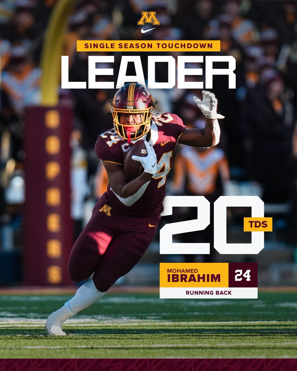 GopherFootball's tweet photo. With the #Gophers first touchdown, @_MoIbrahim is now the #Gophers single-season touchdown leader, with his 20th touchdown of the season! https://t.co/QeY27xtHRU