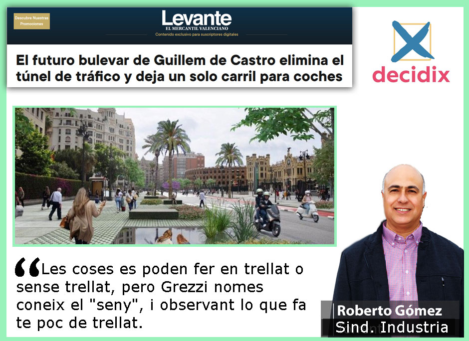 decidix's tweet photo. 🚗#Grezzi continúa en la seua follia #anticoche, vol deixar Guillem de Castro en nomes un carril per a coches.
🔊Els #emboçaments, el soroll, la polucio i la falta de seguritat per als vehiculs de seguritat, seran monumentals.
🔴¡Grezzi dimissio!
#Decidix https://t.co/70HAaqAGy4