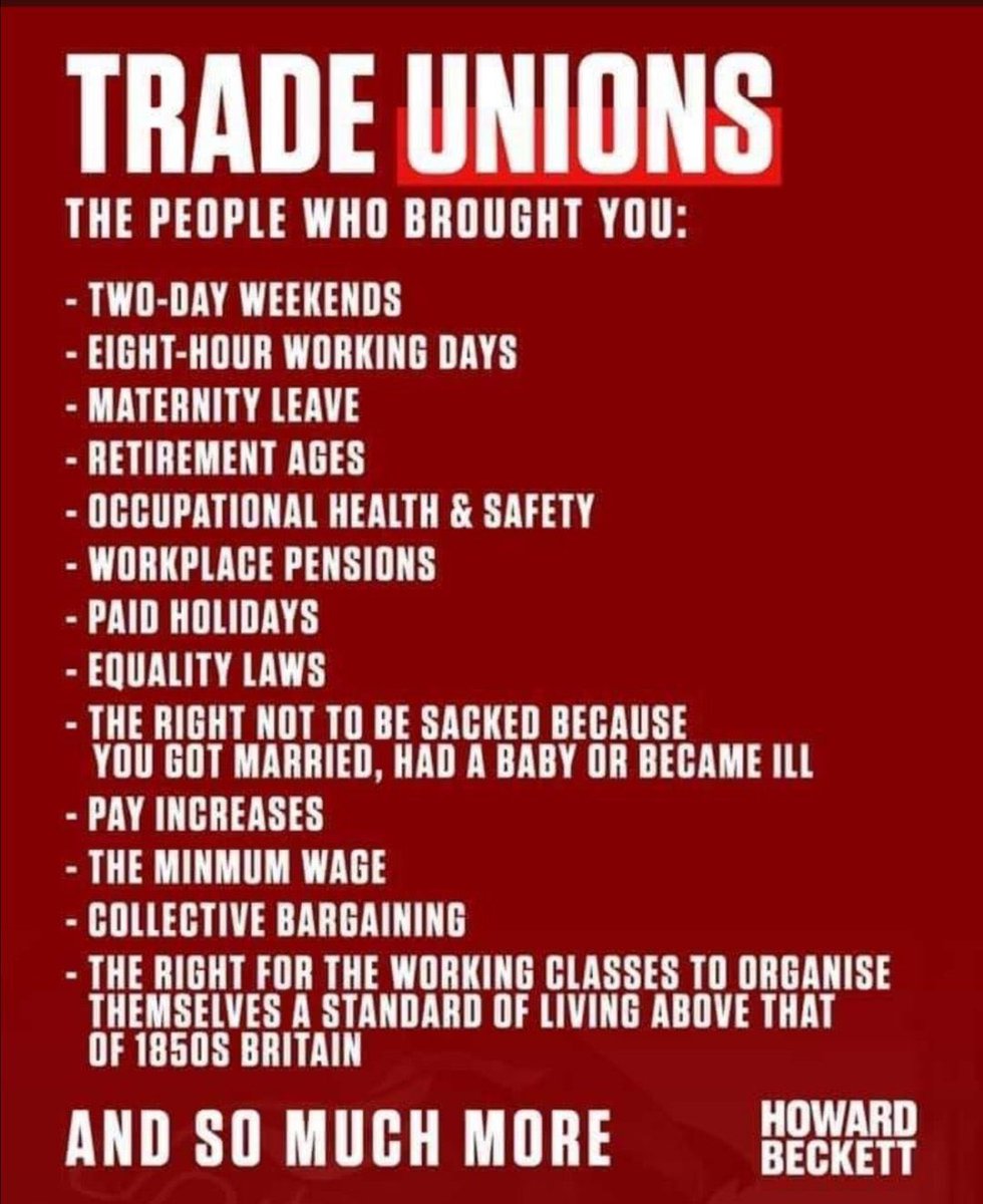 <a href="/BeckettUnite/">Howard Beckett</a> Why do you appreciate unions?

I’ll start:

Weekends off
Paid vacations
Work breaks
Sick leave
Paid holidays
No child labour
Safer working conditions
Health care and retirement benefits

#JoinAUnion