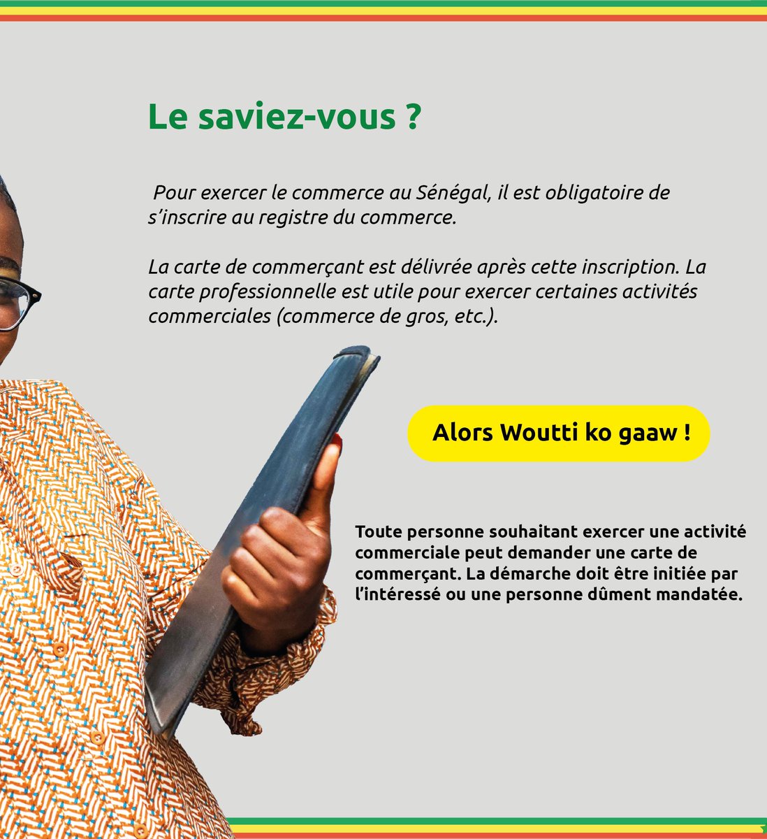 mincom_sn's tweet image. Saviez-vous que pour exercer le commerce au Sénégal, il est obligatoire de s’inscrire au registre du commerce ?

Voici quelques astuces pour vous faciliter l&apos;obtention de votre carte de commerçant
#mcpme #ministèreducommerce #FIDAK #ministereducommerce #fidak2023 #commerce