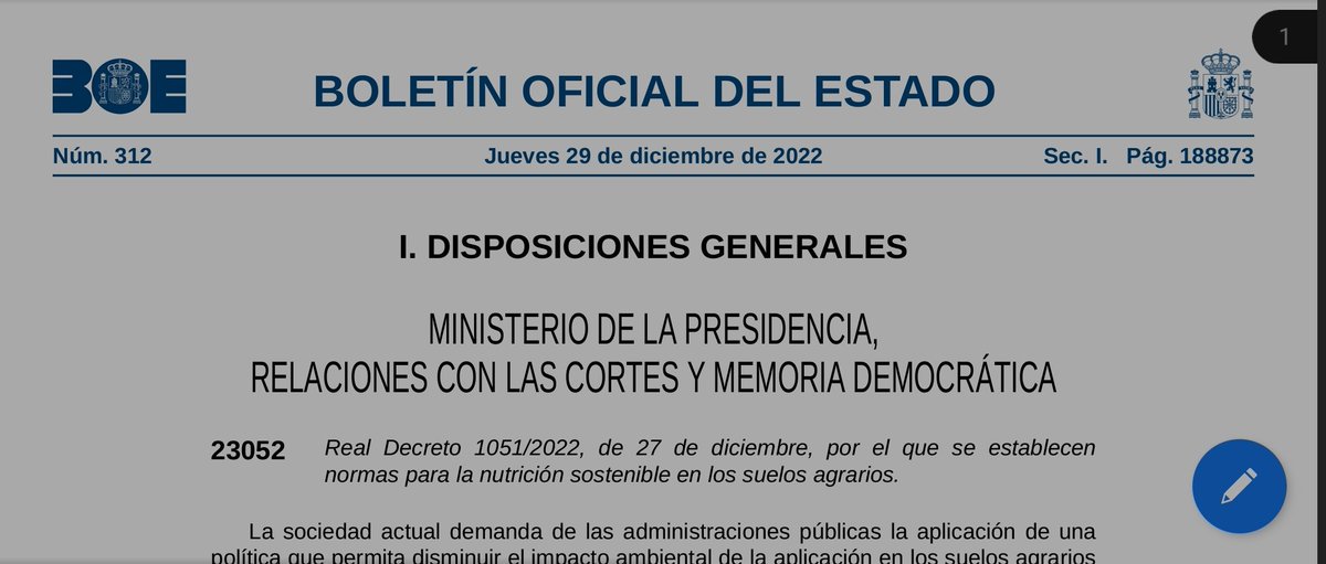 📢 Ya se ha publicado en el <a href="/boegob/">BOE</a> el Real Decreto de Nutrición Sostenible en los Suelos Agrarios del @mapagob.
Fundamental para seguir avanzando en una fertilización aún más sostenible en España.
Aquí tenéis el acceso directo a la publicación
boe.es/boe/dias/2022/…