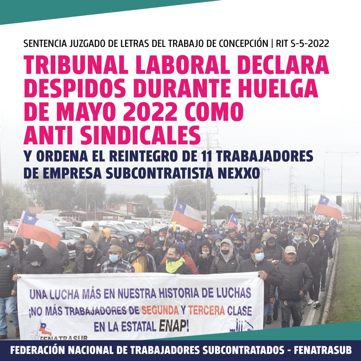 fenatrasub's tweet photo. 🟢⚫️ ¡Victoria judicial! Tribunal laboral declara como legal Huelga de Mayo 2022 en ENAP @Enap_Informa y sanciona despidos de subcontratista Nexxo como anti sindicales, ordenando reintegro de 11 trabajadores.
¡Arriba l@s que luchan! 

@DirecDelTrabajo @MintrabChile https://t.co/HW7w8kN6o4
