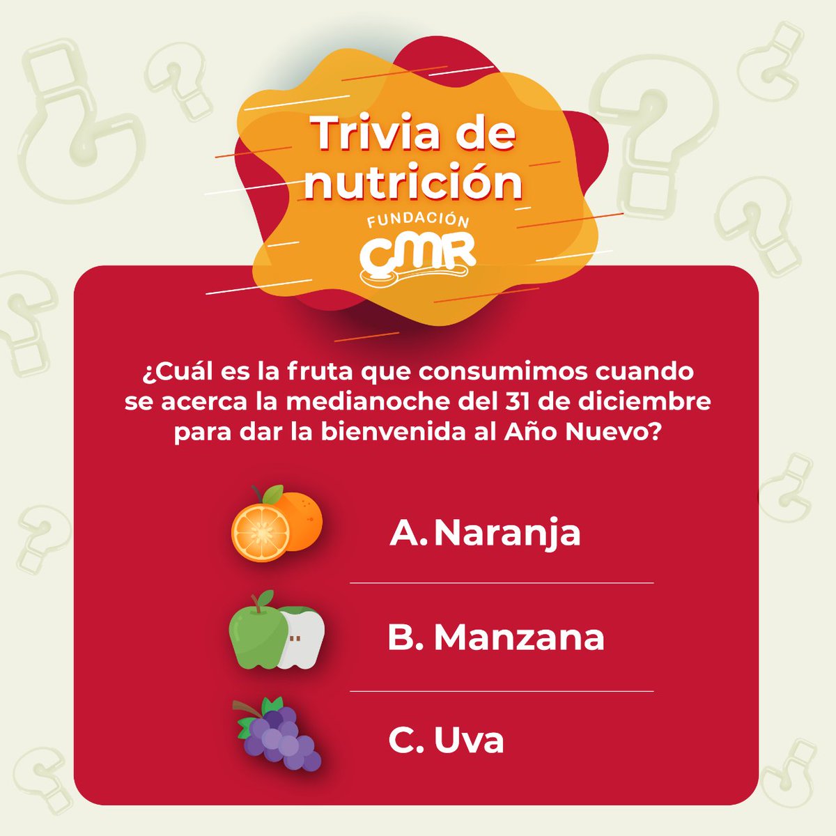 Hoy queremos poner a prueba sus conocimientos de #nutrición con la #triviacmr 🤔🍅🥑🍉
¿Listos para jugar? ¡Compartan su respuesta en los comentarios!

#FundacionCMR #trivia #😀 #juego #diversion #niños #test