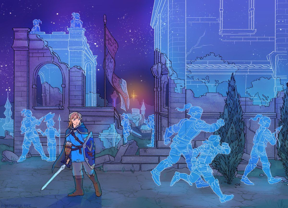 My two pieces for Journey of Remembrance!
(The first piece is spot art for a writing portion!)

<a href="/JoRZine/">Journey of Remembrance Zine</a> is a free BotW Zine with some fantastic art, writing, digital merch, and even music! Seriously such a fun and beautiful zine to work on!
#BreathoftheWild