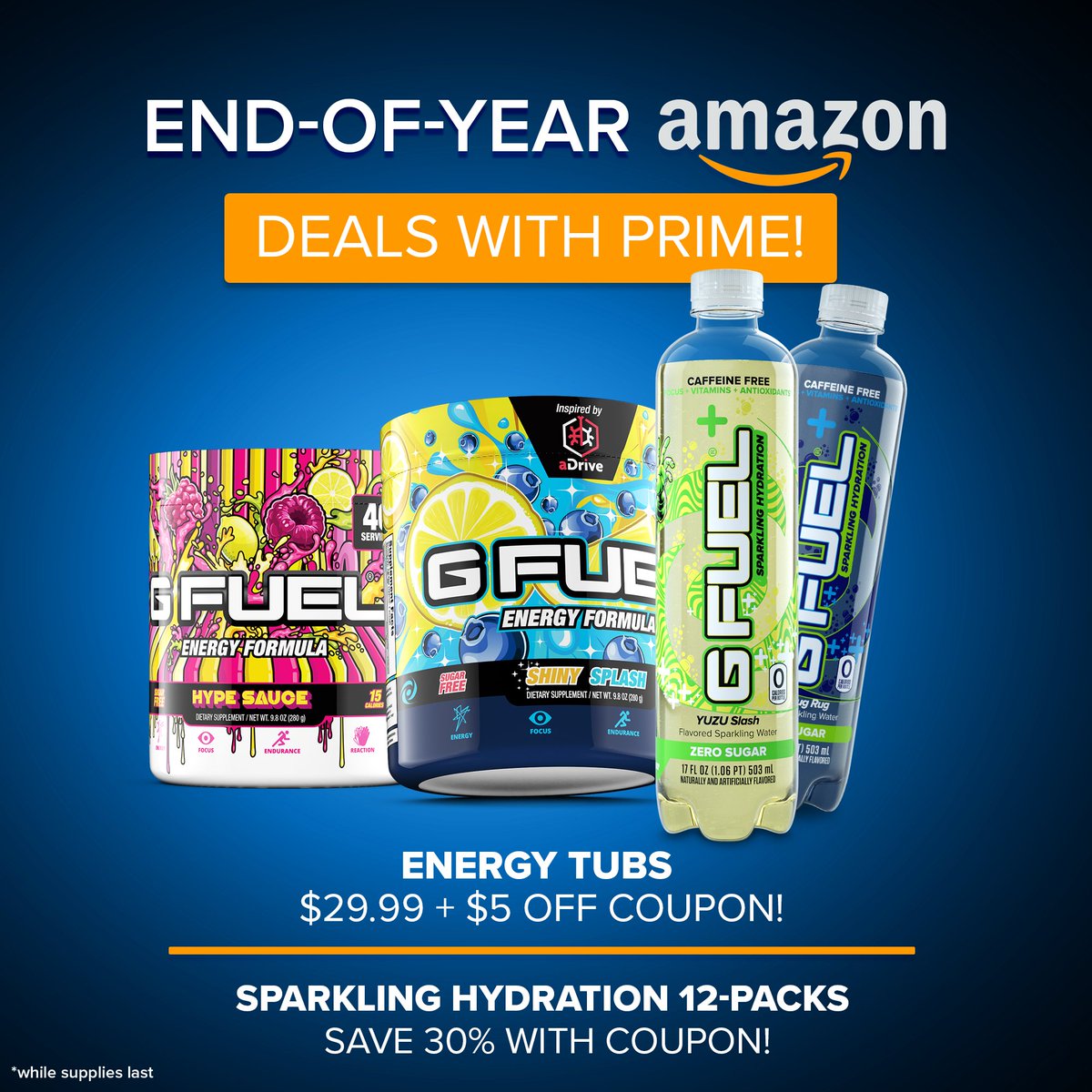 GFuelEnergy's tweet photo. 💙 𝗟𝗜𝗞𝗘 + 𝗥𝗧 to win a #GFUEL TUB of your choice! 2 winners picked tomorrow to celebrate our AMAZON STORE EXCLUSIVE DEALS!

✅ FREE 2 Day Shipping For Prime Members!
✅ $29.99 Energy Tubs + $5 Off Coupon!
✅ 30% Off Sparking Hydration With Coupon!

🛍️ https://t.co/6Gf1Cm6NtR https://t.co/WHya2B3Laq