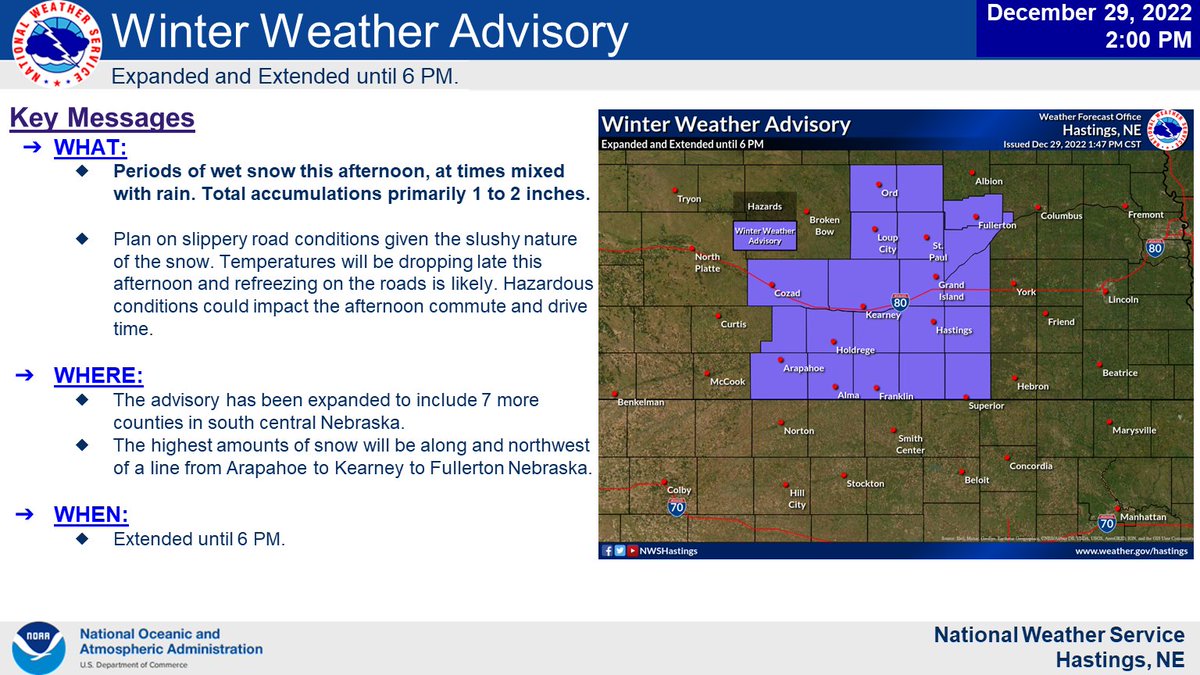 A Winter Weather Advisory has been issued for most of our NE coverage area until 6 PM. Wet snow, at times mixed with rain. Total snow accumulations primarily 1 to 2 inches. Roads will be slippery and as temperatures drop, re-freezing is likely. #NEwx