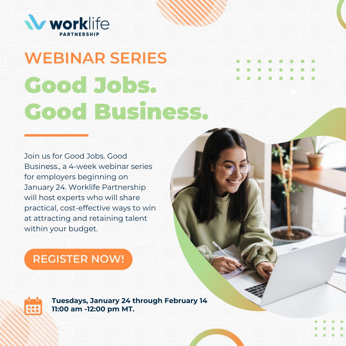 WorkLifePartner's tweet image. Are you looking for ways to attract and retain the talent you need in 2023? Then join us for our 4-week webinar series beginning on January 24, 2023! Learn more and register here for the Good Jobs. Good Business. Webinar Series: lnkd.in/g2HpqxyP