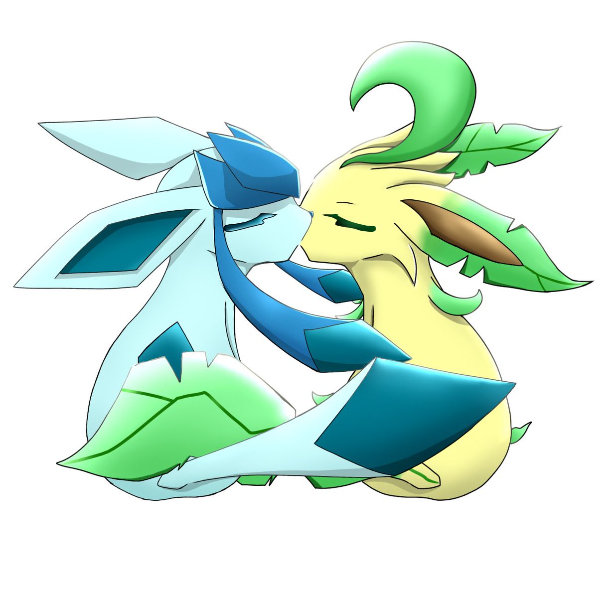 過去に描いたグレイシアとリーフィアのイラストを合成するとキスする