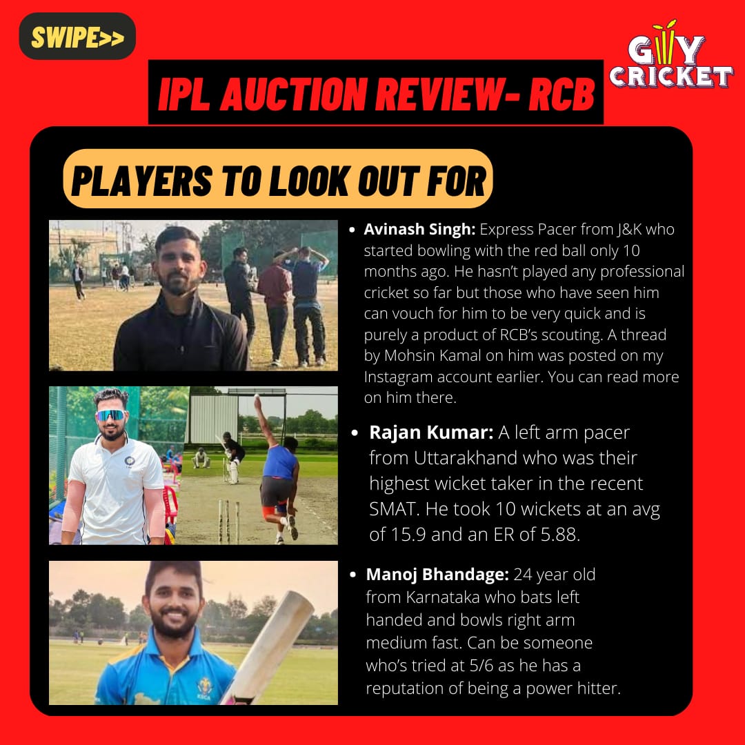 Players to look out for RCB's scouting seems to have done great work as they have discovered someone like Avinash Singh who hasn't played any professional game yet. You can read this thread by @CricEyeT20 and a thread by @64MohsinKamal to know more twitter.com/CricEyeT20/sta…