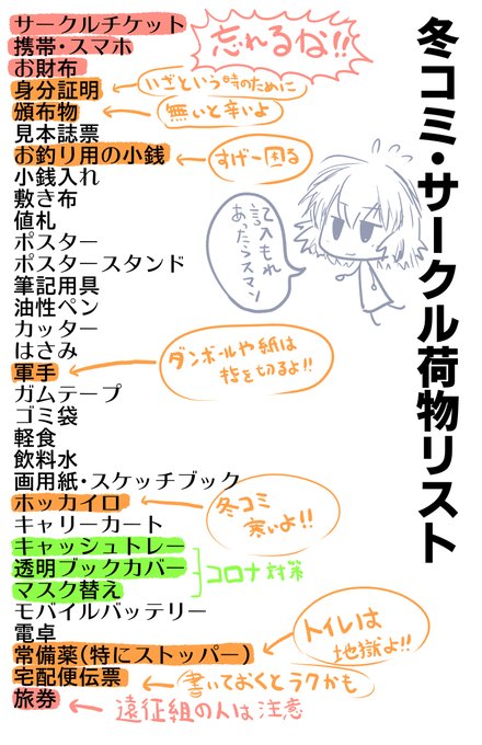 自分メモ用に冬コミサークル荷物リスト作った。
記入漏れがあったらすみません。
「サークルチケット」「携帯スマホ」「財布」
この3つだけは絶対に忘れてはいけない! 