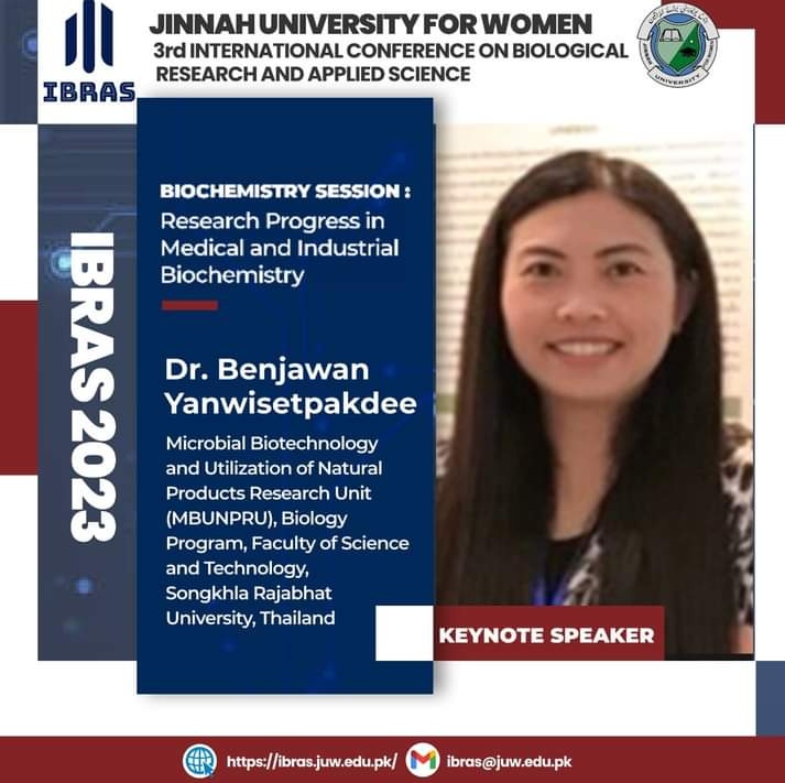 IBRAS2024's tweet photo. Jinnah University for Women is arranging the 3rd International Conference on Biological Research and Applied Science (IBRAS 2023) by the Faculty of Science

Meet our keynote speaker Dr. Benjawan Yanwisetpakdee

Don’t forget to register yourselves!!

#JUW
#IBRAS
#IBRAS2023 https://t.co/wJUqQ79UQF