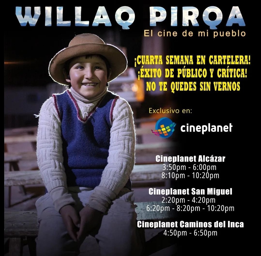 mczorro's tweet photo. Solo para recordarles que TIENEN que ver #WillaqPirqa en cines.

Entra a su cuarta semana en cartelera y mantiene estos horarios ⬇️ https://t.co/GLbEosKri9