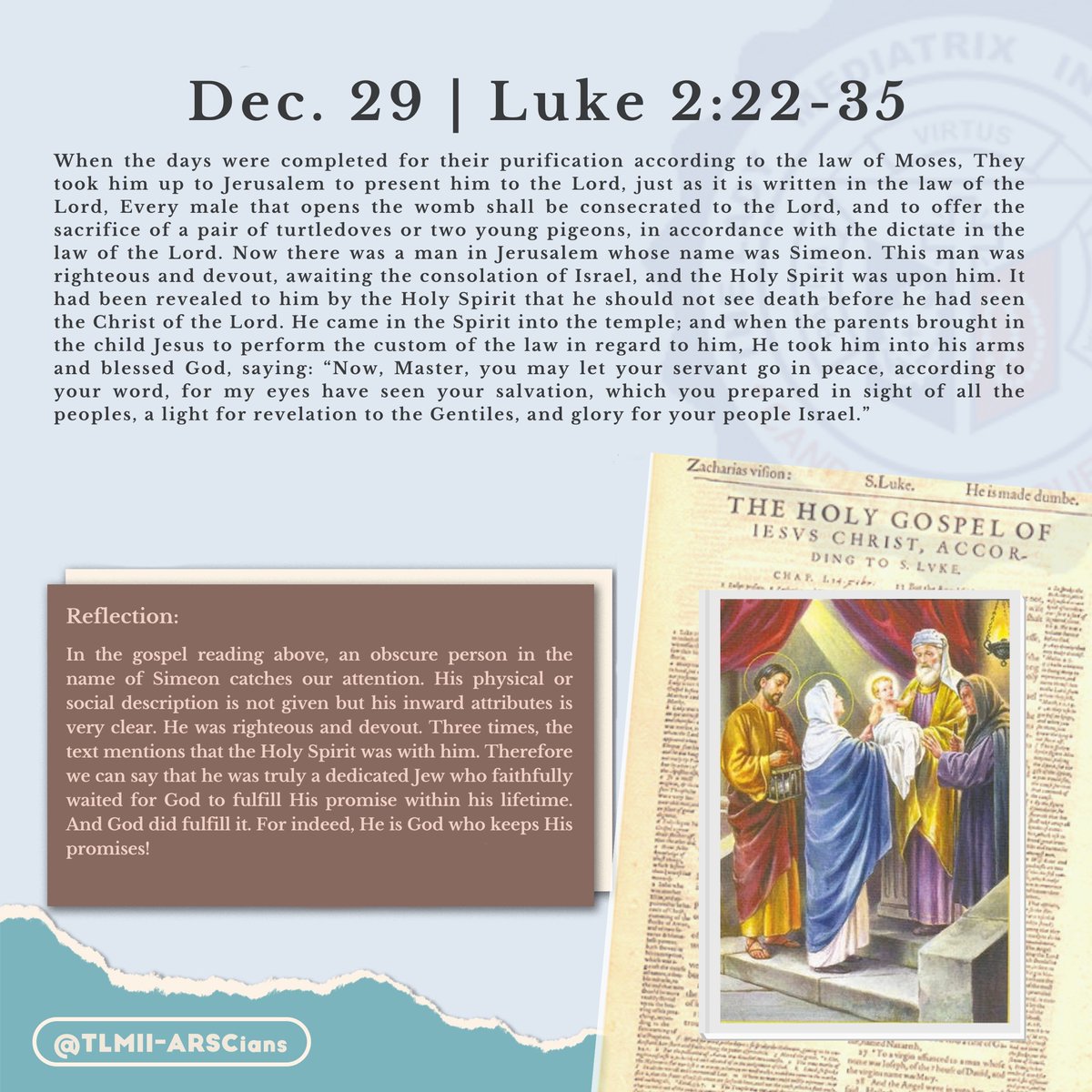 TLMII_ARSCians's tweet photo. Good evening ARSCians! Our Gospel for today, December 29, 2022, is Luke 2: 22-35.

Dios Bendiga! 🤍

#DailyGospel
#TLMIIARSCians https://t.co/f4MYi9MYQn