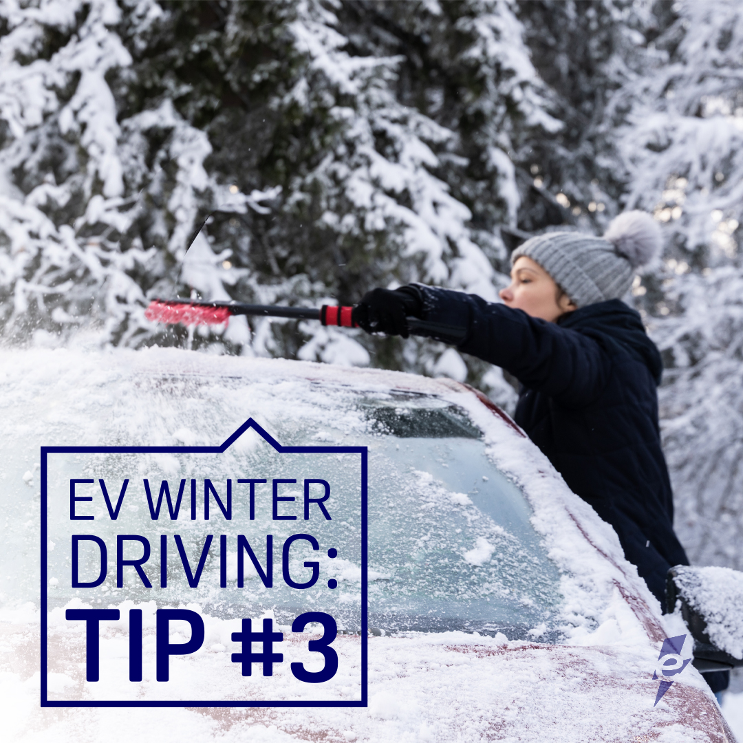 CanadaElectrify's tweet photo. Many EV models have sleek, aerodynamic designs to help increase their driving range. But snow and ice build-up can increase aerodynamic drag, reducing EV efficiency. For safety and to optimize range, brush off snow and ice before you drive. #EV #ElectrifyCanada https://t.co/2zniyeN85T