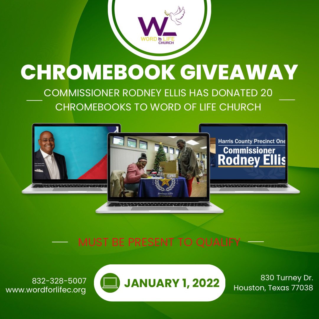 Word4Lifec's tweet photo. We are pleased, proud, and privileged to announce that Commissioner @RodneyEllis and other City Officials will be hand delivering, 20 donated Chromebooks to @Word4Lifec this Sunday! It is always a tremendous honor to be able to give back to our Community! #WordofLife #Houston https://t.co/wgCLDQZlNK