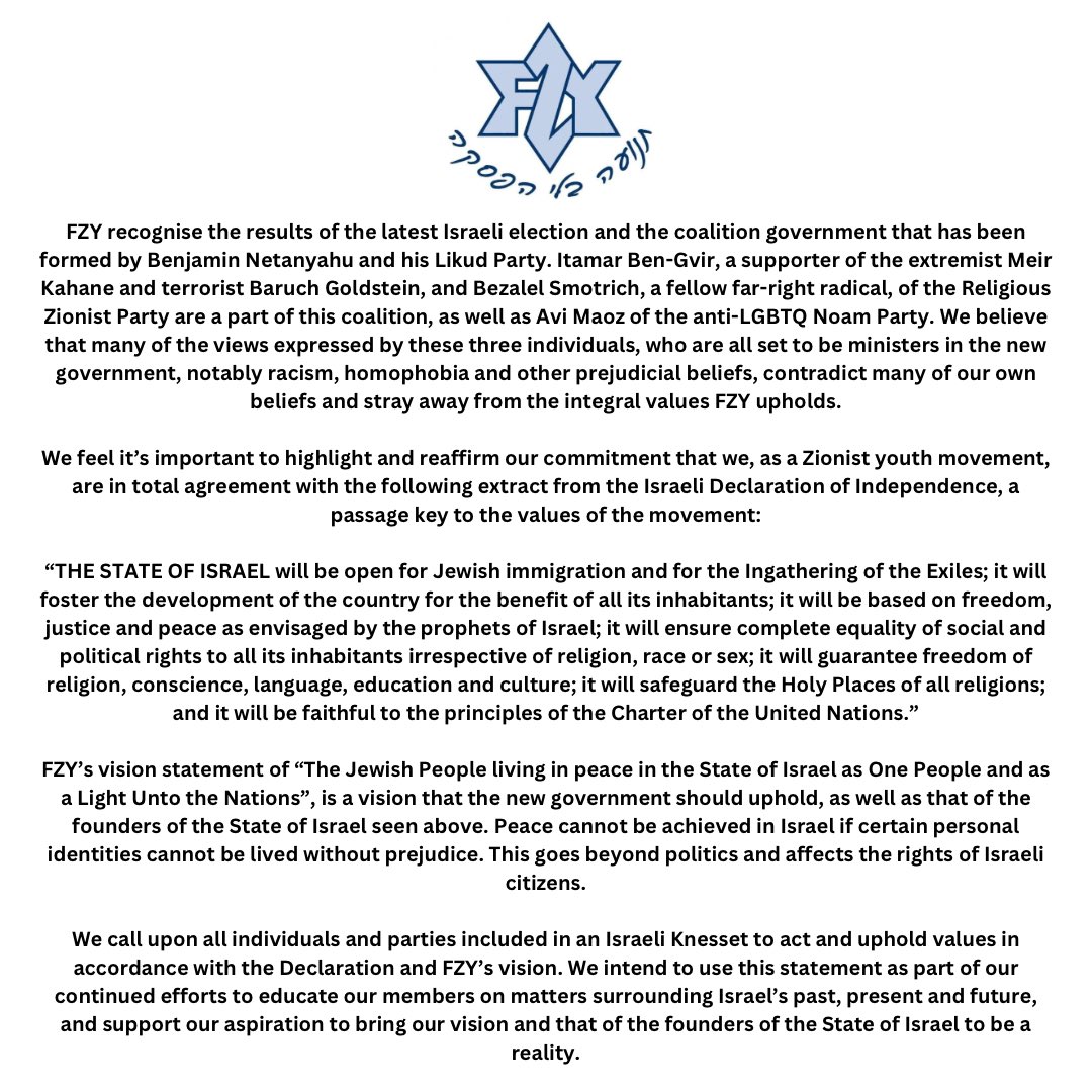 FZY statement on the new Israeli #Knesset 🇮🇱