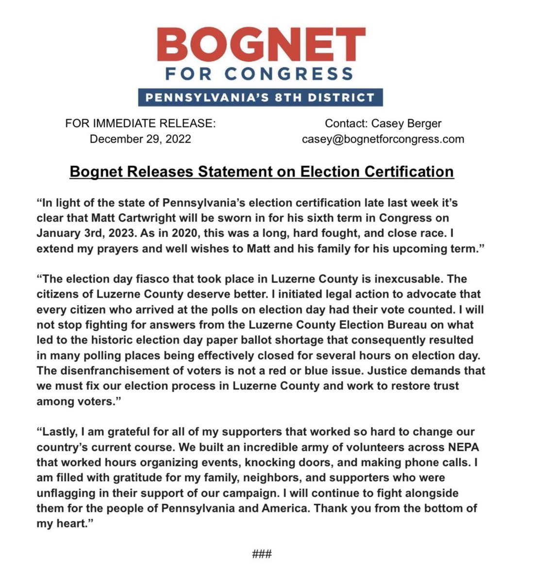 “I am filled with gratitude for my family, neighbors, and supporters who were unflagging in their support of our campaign. I will continue to fight alongside them for the people of Pennsylvania and America.” Read full statement below: