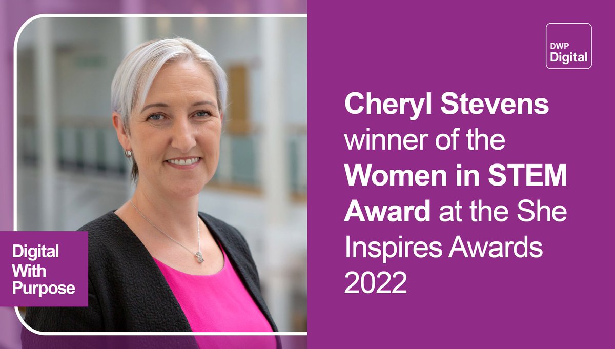DWPDigital's tweet photo. An excellent achievement for our Director of Shared Channels Experience @CherylJStevens, winning the Women In STEM award at the She Inspires Awards 

Read Cheryl’s Inspirational Woman interview with @WeAreTechWomen 

https://t.co/r4qaVAn83N

#DigitalWithPurpose https://t.co/ZWvsaiJL16
