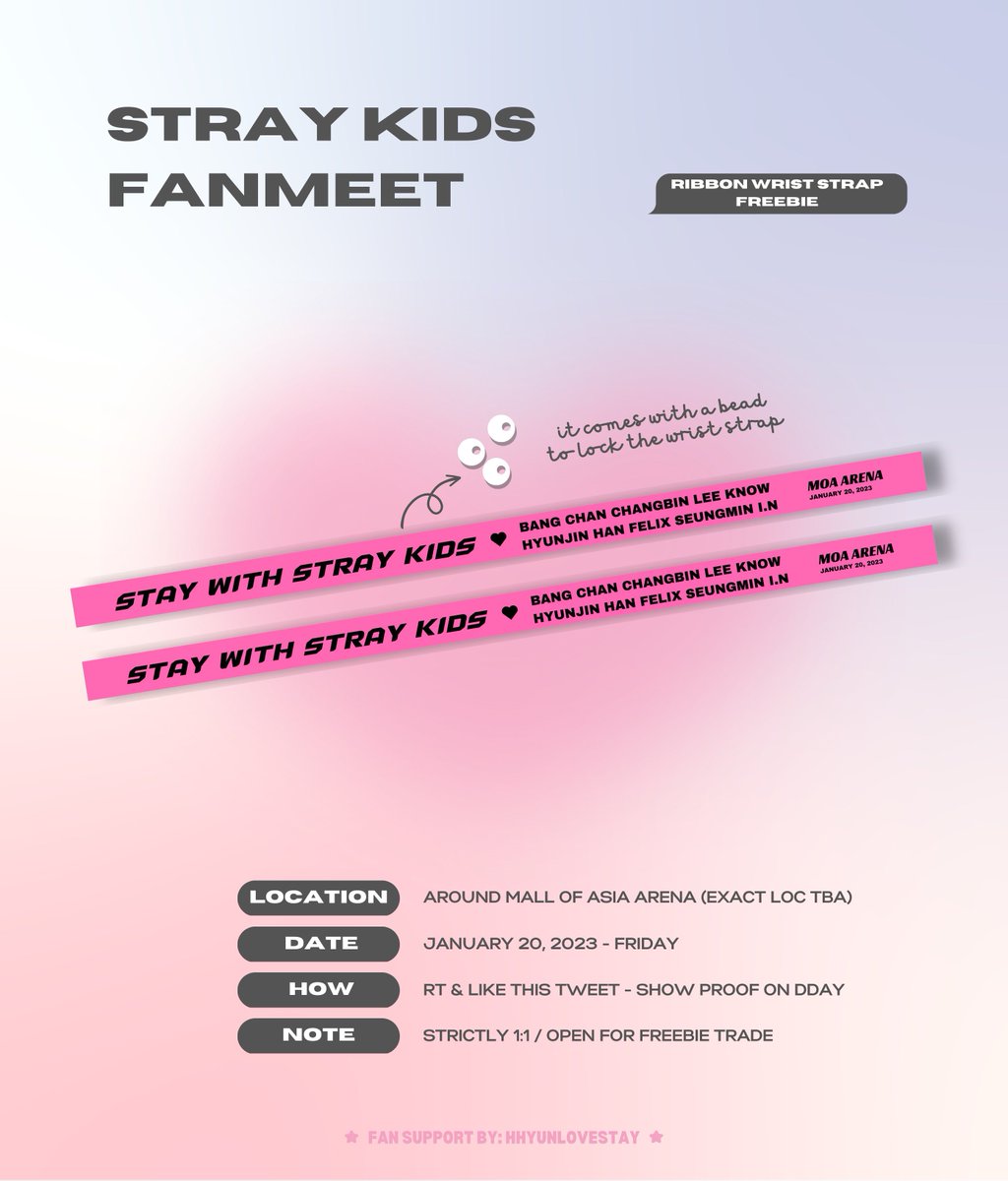 hyunehao's tweet photo. { STRAY KIDS x BENCH FANMEET freebie } 

hi stay! i’ll be giving away some ribbon wrist straps on dday ✨

- pls rt &amp; like to spread
- follow for updates (optional)
- strictly 1:1 / open for freebie trade

see you ><

#StrayKidsxBENCH #BENCHxSTRAYKIDS #StayWithBench https://t.co/sS6e0sg0a0