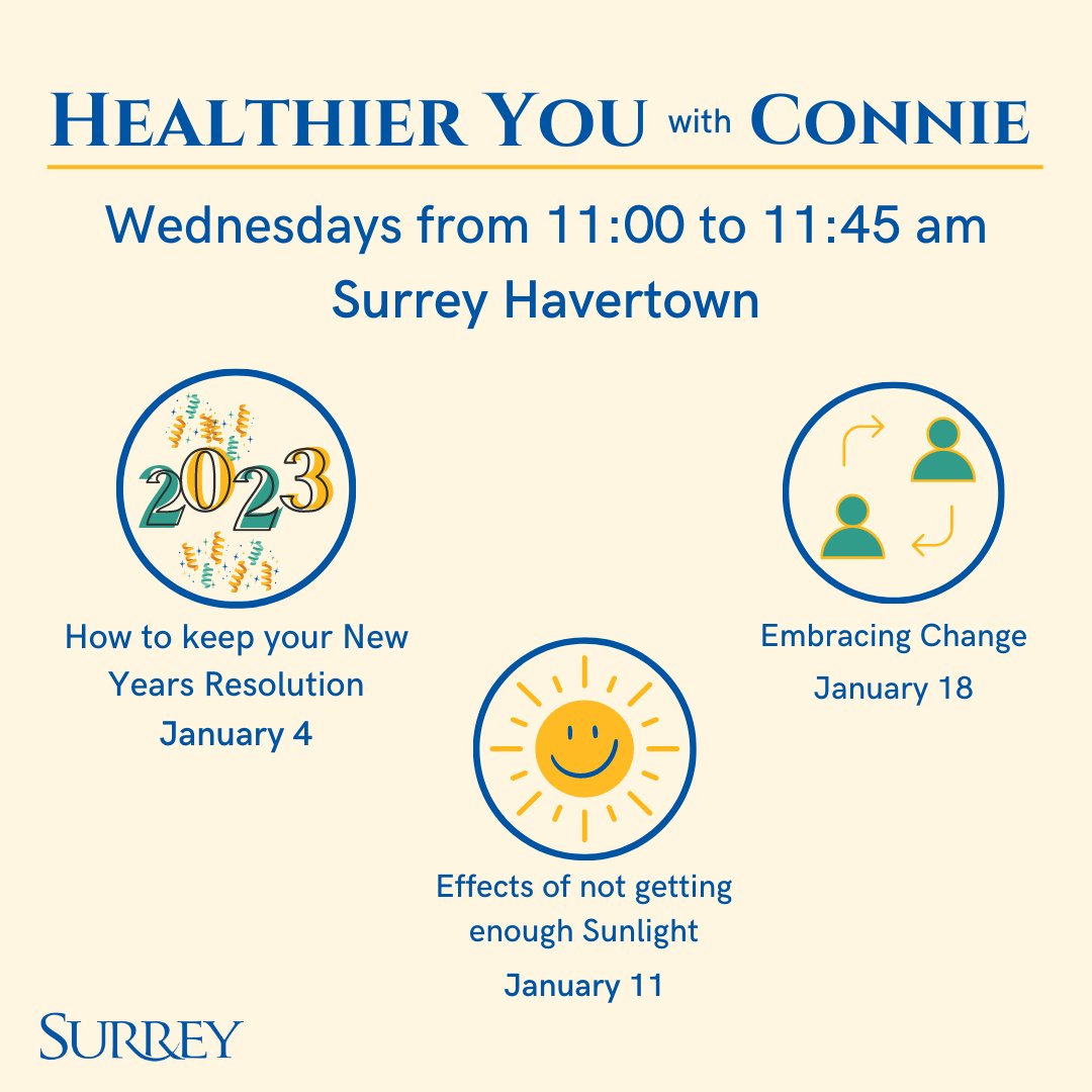 Connie is back in Havertown with Healthier You! January 4, 11, and 18, head to Surrey Havertown for SilverSneakers followed by Healthier You from 11-11:45 am. The smiley sun wants you, or your loved one, to go have some fun.☀️ :) #SurreyServices #HealthierYou