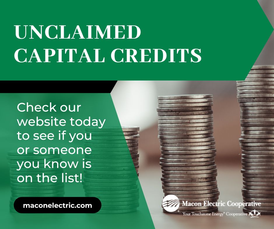 MaconElectric's tweet photo. To view a complete list of our unclaimed capital credits, visit https://t.co/uMT7hyewnJ. For further information, call Macon Electric Cooperative at (660) 385-3157 or drop by the office. https://t.co/S49409gIXf
