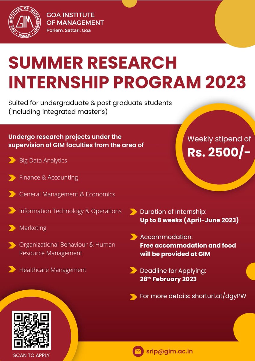 GIM_Sanquelim's tweet photo. #GIM is providing #opportunities for the Summer #Research #Internship Program 2023.

#Students will work on different interesting #paid projects under the guidance of the GIM faculty.

Last date to apply: 28th February 2023

For more details, visit: https://t.co/yXhiAl7xuo https://t.co/qakQ5q9bao