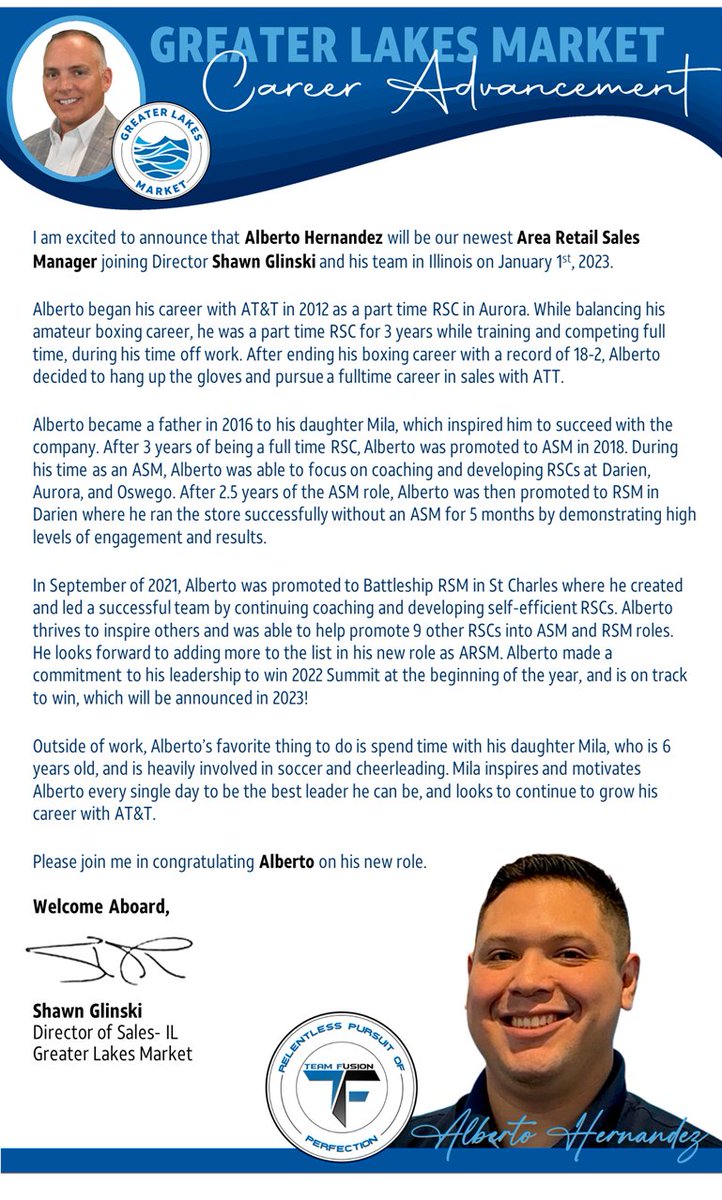 Hey GLM &amp; <a href="/ATT/">AT&T</a> ,

Join us in welcoming our new Team Fusion ARSM @alBARETOE718 ! <a href="/TeamFusionGLM/">Team Fusion</a> 

He will be joining our Director of Sales, Shawn Glinski, in Illinois!
<a href="/shawnglinski/">Shawn Glinski</a> @BrianWest_GLM 

Alberto, we know you’re ready to keep #MakingWaves in GLM! 🌊🤩