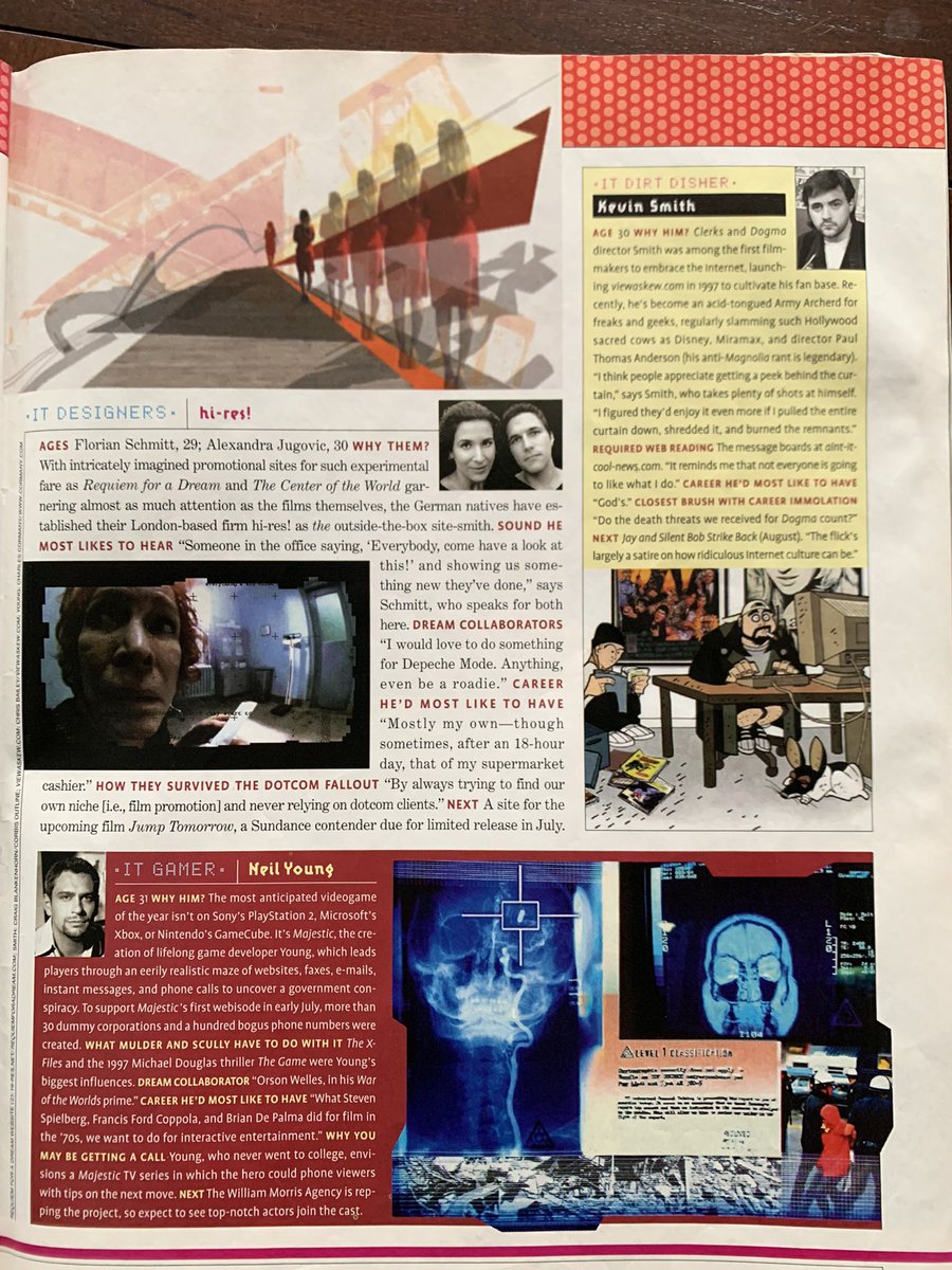 Pg 105: 

It Designers: hi-res! (Florian Schmitt [29], Alexandra Jugovic [30]), of the promotional sites for Requiem for a Dream and Center of the Word

It Dirt Disher: Kevin Smith (30) of Clerks, Dogma, and viewaskew.com

It Gamer: Neil Young (31), creator of Majestic