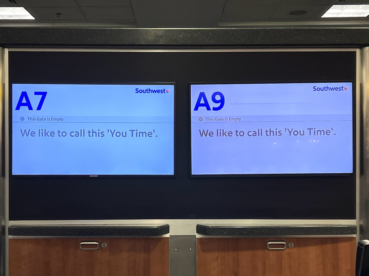 leepowellTV's tweet photo. In light of #Southwest woes, these cheeky gate messages suddenly seem out of step. You have to fill a blank screen with some sort of branding, but read the room? https://t.co/WENuFIKIC6