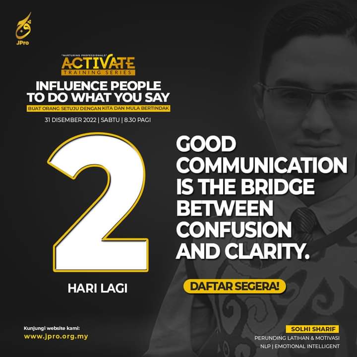 JProMuda's tweet photo. "Good communication is the bridge between confusion and clarity."
Adakah anda masih belum mendaftar?
Join whatsapp group ini segera:
https://t.co/Ve0kofTbIW
#jprodppm
#activatetrainingseries
#nurturingprofessionals
#createabettermalaysia
#PemudaGenerasiSejahtera https://t.co/C7I8frG6YO