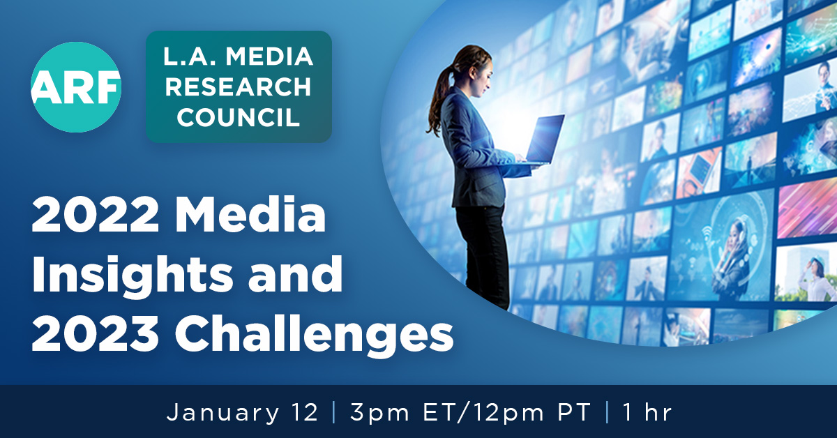 the_ARF's tweet photo. Jan 12: The LA Media Research Council will share perspectives on the issues that will be most important to their business in 2023. Join for a discussion on trends in viewer behavior, streaming with &amp; without ads, content discovery &amp; promotion: https://t.co/lc4hgoEslq #ARFCouncils https://t.co/dKfxS4y3Oz
